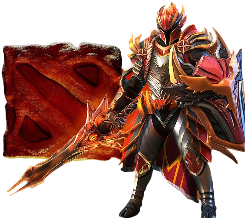 Omslagillustratie voor Dota 2 met het logo van de game en een woest, gepantserd personage dat een vlammend zwaard hanteert. De achtergrond is vurig, intens rood en straalt actie en spanning uit